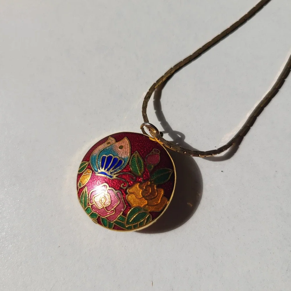 Vintage Two Sided Puffy Cloisonne Pendant Necklace Red Floral Butterfly